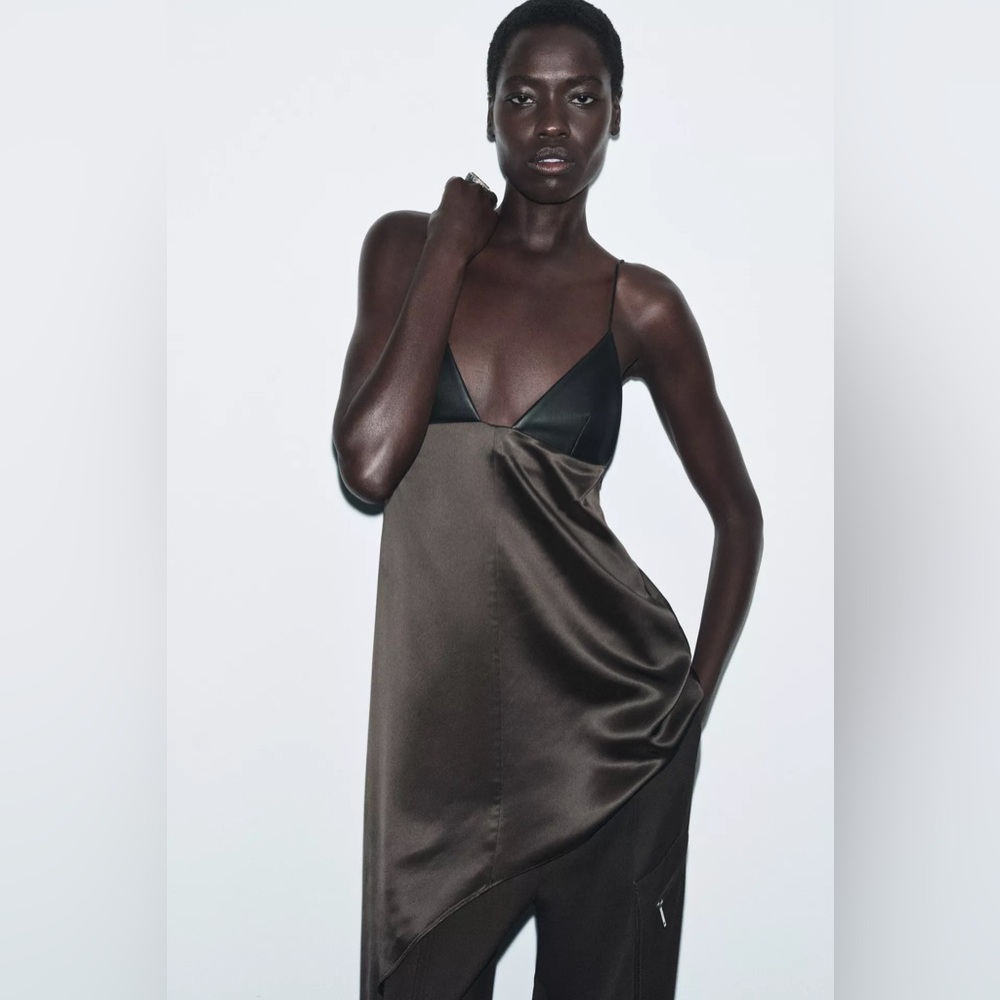 Zara Asymmetrical Elegant Mixed Medium Faux Leather Satin Slip Dress Top Small